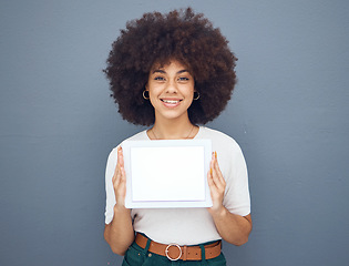 Image showing Marketing, advertising and woman with paper for business, sales and corporate news against a grey mockup studio background. Announcement, space and girl with a poster for service with mockup