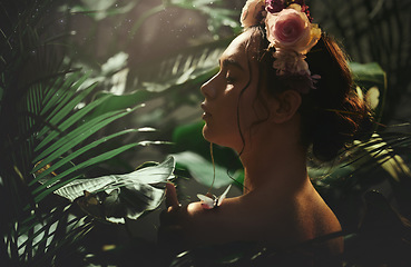 Image showing Skincare, nature and woman in jungle for beauty, zen and wellness, cleaning and flower cosmetic. Leaf, rose and girl model with crown in amazon, relax and pamper with natural, product and aesthetic