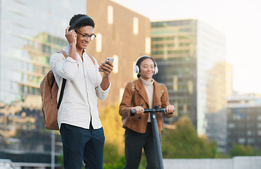 Image showing Students travel with phone, music or happy black couple woman and man with tech, electric scooter or 5g network in city, street or road. Startup designer for networking, social media or contact us