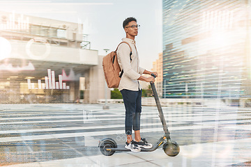 Image showing Businessman, travel on electric scooter or futuristic marketing data, 5g network or city networking grid in city or street. Vision, data analysis or overlay tech, hologram or UX IOT with lens flare