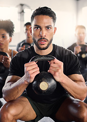 Image showing Gym class, people and kettlebell workout with personal trainer for fitness, exercise and muscle endurance. Weightlifting, coach and group training at a sports studio for health, challenge and power
