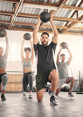Image showing Fitness, training and medicine ball with people in gym and class for workout, health and sports exercise. Wellness, strong and weights with athlete bodybuilder for muscle, coaching and endurance