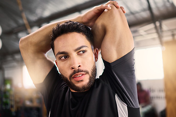 Image showing Fitness, stretching and training with man in gym for workout, health and sports exercise. Power, strong and performance with body builder and warm up ready to start for wellness, muscle and athlete