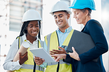 Image showing Architecture, construction and architects planning with a tablet for building, renovation and design on internet. Engineering, teamwork and workers with strategy on tech for industrial infrastructure