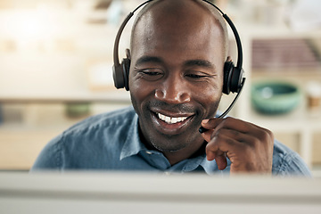 Image showing Black man, smile and call center consulting in telemarketing, contact us or customer service at the office. Happy African American male employee consultant smiling with headset for desktop support