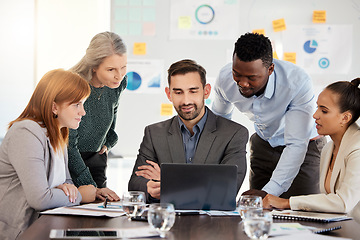 Image showing Diversity, laptop or consulting manager and employee for teamwork, planning or social media schedule research in office at night. SEO, networking or collaboration for tech, ecommerce or data analysis