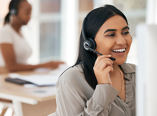 Image showing Computer, talking and woman in call center, contact us or customer support in crm consulting, business help or b2b sales deal. Smile, happy and telemarketing worker on communication office technology