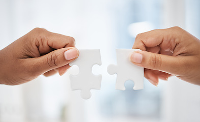 Image showing Closeup hands puzzle, problem solving teamwork in information technology and cyber ux coding business. Jigsaw hand team, together for collaboration strategy in web design and app innovation in office