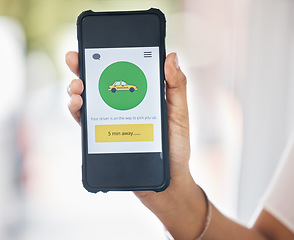 Image showing Hands, phone screen and taxi app for traveling, car and driver booking. Mobility, digital service and transportation application, time button ui and 5g mobile ux for ride to location or destination