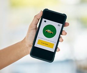 Image showing Hand, phone and taxi app for travel or car transportation on a website homepage screen with a responsive design. Notification, network and traveling customer or application user waiting for a driver