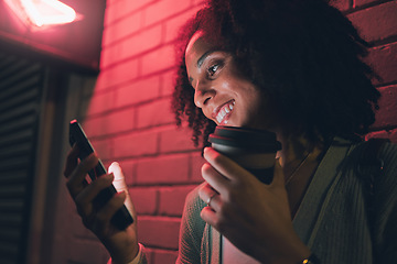 Image showing Black woman, smartphone and coffee cup with smile, night and social media for chat, browse online and outdoor in city. Young girl, happy female and with phone for communication, internet and connect.