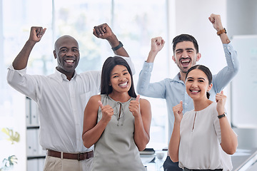 Image showing Excited business people, teamwork celebration and motivation, success and winning goals in office. Portrait of happy, diversity and employee collaboration, fist and deal, bonus and winner staff group