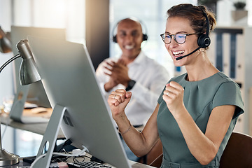 Image showing Call center computer, sales woman celebration and winner fist, target or stock market trading success in office. Telemarketing consultant celebrate business achievement, deal or motivation on desktop