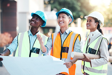 Image showing Blueprint, industrial and architects with smile for construction, building design and architecture on site together. Happy, creative and engineering workers with paper for renovation plan in the city