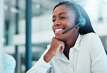 Image showing Black woman, call center and headphone with microphone, contact us and employee in customer service or telemarketing sales. Office, working and phone call, communication with agent and support.