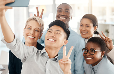 Image showing Team selfie, support and diversity with business people in office, community in workplace and teamwork picture. Partnership, solidarity and working together, happiness and peace gesture at company.