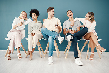 Image showing Hiring, phone and recruitment with people in a room waiting, laughing and bond before interview, relax and happy. Candidate, unemployed and group sharing funny online meme, joke or social media