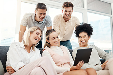 Image showing Relax, tablet and work friends on social media laughing at funny memes, online content and internet videos. Smile, team building and happy employees enjoying crazy, comic or comedy on a group break