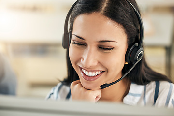 Image showing Customer support, communication and call center consultant, employee or worker with microphone consulting over telecom. Customer service, help desk or happy telemarketing woman talking in sales pitch