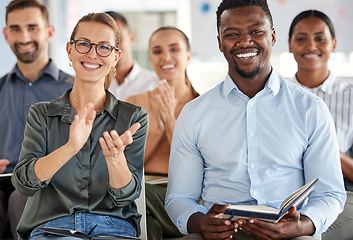 Image showing Business people, smile and applause for workshop training, conference or presentation at the office. Group of happy corporate employee workers clapping for meeting, convention or coaching at work