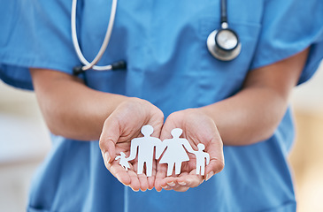 Image showing Doctor hands, cutout paper family and medical healthcare for hospital help. Woman medic, cut out picture of mom dad and kids for health, wellness and protection support in community clinic