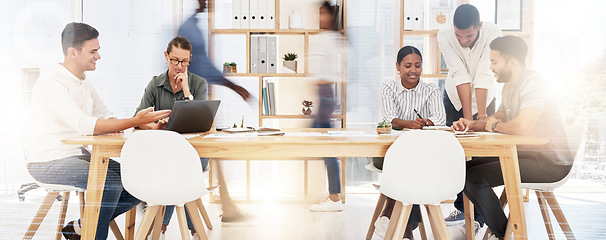 Image showing Corporate team, coworking office and collaboration with a fast and busy energy with technology. Business, teamwork and workforce at a table together to work on a staff digital project strategy