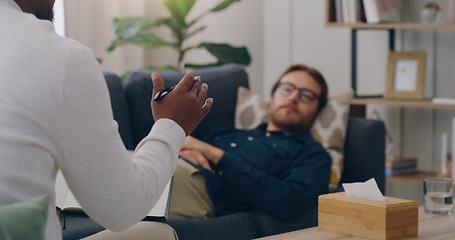 Image showing Psychology, mental health and man in a meeting with a psychologist talking, communication and sharing problems. Counseling, support and therapist listening and helping with healing advice in therapy