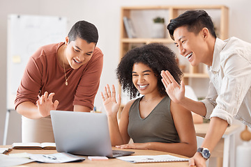 Image showing Video call communication, laptop and diversity business people wave hello in online meeting, global contact or video conference. Computer, collaboration or team greet in marketing strategy discussion