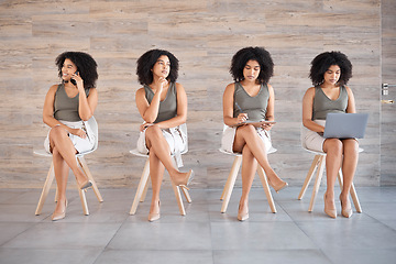 Image showing Job interview, recruitment and black woman waiting for business meeting on chair as collage of writing, phone call and working on laptop. A woman at marketing agency for hr hiring for opportunity