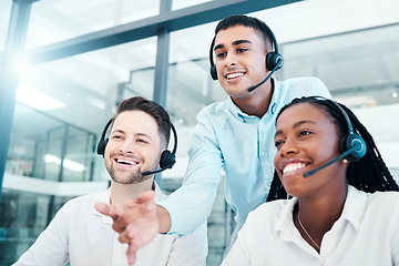Image showing Call center, manager and new employees training, coaching and advice for customer service, work process and smile in office. Team leader, coach and teaching junior consultants telemarketing system.