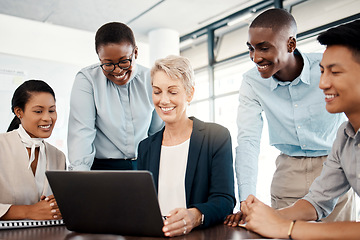 Image showing Business people, laptop and team in meeting, diversity with communication and technology for planning and strategy at finance company. Business, online data and collaboration for financial project.