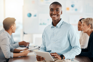 Image showing Black man, business and leadership, presentation with tablet and team meeting portrait for project planning and strategy. Leader, corporate and collaboration, businessman with technology and speaker.