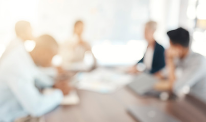 Image showing Innovation, blur and business people in a meeting planning a creative marketing strategy in a development project. Blurry, teamwork and employees talking, speaking and coworking for a startup company