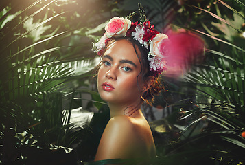 Image showing Flower, crown and woman in studio for makeup, beauty and skincare with plant, leaf and wellness. Portrait, skin and rose by girl model relax for creative, jungle and floral aesthetic, eco and product