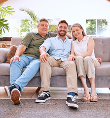 Image showing Portrait, mother and father with adult son, happy and bonding together on sofa in living room. Family, mom and dad with grown male child being loving, smile and spend quality time in lounge on couch.