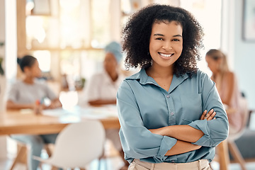 Image showing Black woman, leadership smile and meeting with arms crossed in team management, vision or ambition at office. Portrait of a confident creative African female manager smiling for work collaboration