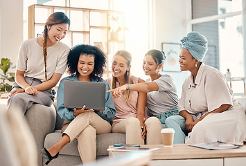 Image showing Business people, women team and laptop for startup website success, planning design and marketing strategy in office. Creative advertising agency group with pc teamwork, collaboration and diversity