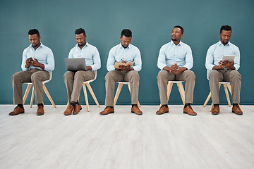 Image showing Interview, hiring and waiting with a black man in business sitting in line for a meeting with human resources. HR, recruitment and opportunity with a male employee on the search for a new job