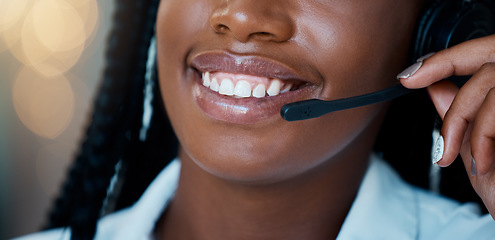 Image showing Call center, phone call and mouth of black woman working in telemarketing, sales or a help desk. Contact us, crm and the smile of a woman consulting on customer service or customer support helpline.