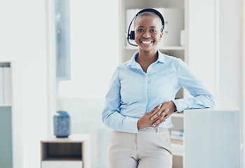 Image showing Call center, smile and portrait of black woman in office for telemarketing, customer support or consulting. Contact us, communication or help desk service with employee for business, crm and kpi