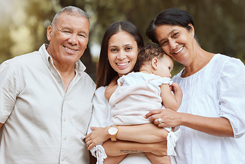 Image showing Family portrait, happy grandparents and newborn baby mother with smile together, happiness and proud. Black family outdoor, infant child with mama, grandmother and grandfather in home backyard