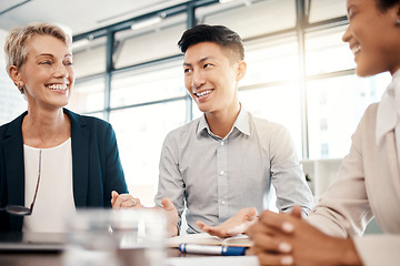 Image showing Business people, smile and collaboration for meeting, teamwork or corporate strategy at the office. Group of creative employee workers in team discussion, conversation or workshop for project plan