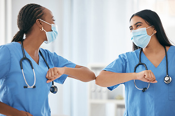 Image showing covid, medical and elbow greeting with doctors for teamwork, happy and support. Medicine, healthcare and virus with nurse in hospital for pandemic, prevention and surgery safety together in clinic