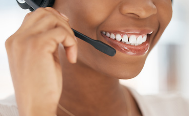 Image showing Black woman, call center and microphone for customer service agent, working or conversation to help, smile or advice. African American female, girl or discussion with client speaking or telemarketing