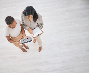 Image showing Business women, tablet and checklist for planning work schedule, infographic or graph for company development from above. Business people collaboration, teamwork or support in startup digital project