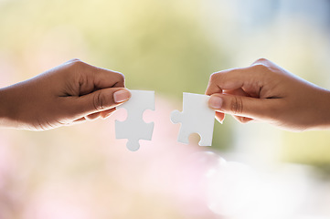 Image showing Puzzle, hands and businesspeople connected for company merger and support. Partner, collaborate and problem solving for synergy and successful business vision. Unity, connect and puzzle pieces