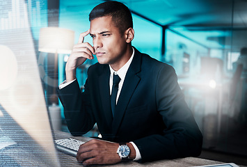 Image showing Overlay, thinking and analytics with a businessman working on a computer in a startup office at night. Research, idea and trading technology with a male entrepreneur at work on a desktop in a company