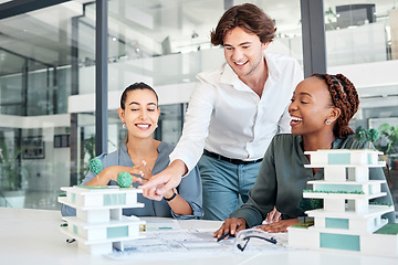Image showing Architecture, building engineering or designers and 3d model, construction or real estate structure ideas in teamwork collaboration. Smile, happy or blueprint planning for talking property developers