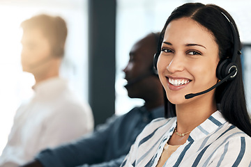 Image showing Telemarketing, customer support, and woman online help worker consulting on an office online call. Portrait of a happy call center and crm employee with headset working on a customer service job