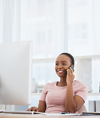 Image showing Black woman, phone call and computer in business office networking, financial sales deal or b2b investment negotiation. Happy smile, talking finance worker and company communication technology survey